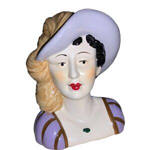 Ceramic Vintage Lady Head Vase Figurine- purple Hat